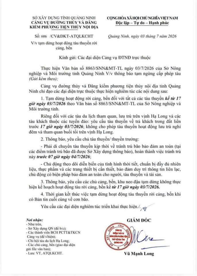 Quảng Ninh: Tạm dừng hoạt động tàu thuyền từ 17 giờ ngày 3/7 để ứng phó bão